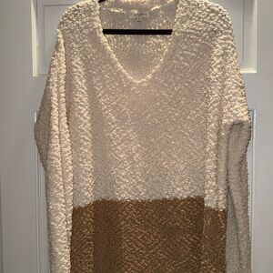 Umgee Two-Tone Popcorn Knit Scoop Neck Sweater - Cream & Brown